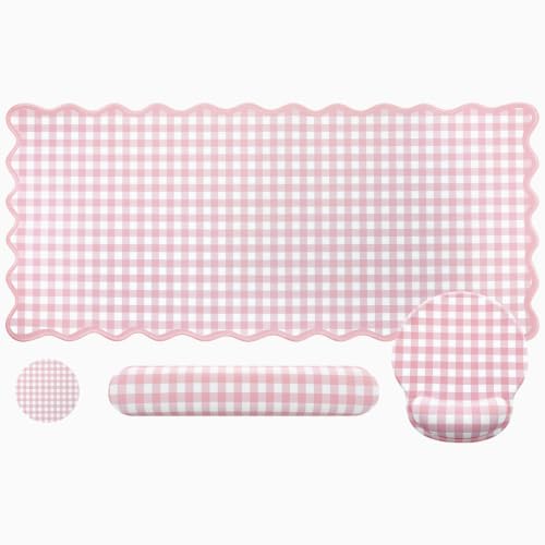 Pink Gingham Desk Mat Set with Wrist Rest, Ergonomic Design, Scalloped Edge Keyboard Mouse Pad Set Large 35.4x15.7 Inch, Memory Foam Wrist Support, Non-Slip Desk Pad Home Office Decor - color: Pink