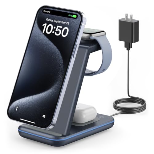 GEEKERA Wireless Charger, 3 in 1 Wireless Charging Station for iPhone Air/17/16/15/14/13/12/11/Pro Max/X/8, Phone and Watch Charger Stand for Apple Watch Ultra 3-2/11-2/SE, AirPods Pro/4/3/2, gunmetal - color: gunmetal