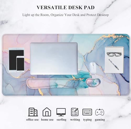 Large Mouse Pad with Wrist Rest, 4-in-1 Wrist Rest for Keyboard and Mouse | Non-Slip Waterproof Desk Mat Set, 35.4"x15.7" Desk Mat+Keyboard Wrist Rest+Mouse Wrist Support+Cup Coaster for Home Office - color: Green Marble-35.4''x15.7''