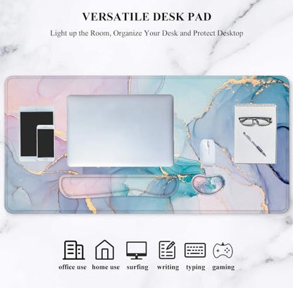 Large Mouse Pad with Wrist Rest, 4-in-1 Wrist Rest for Keyboard and Mouse | Non-Slip Waterproof Desk Mat Set, 35.4"x15.7" Desk Mat+Keyboard Wrist Rest+Mouse Wrist Support+Cup Coaster for Home Office - color: Green Marble-35.4''x15.7''