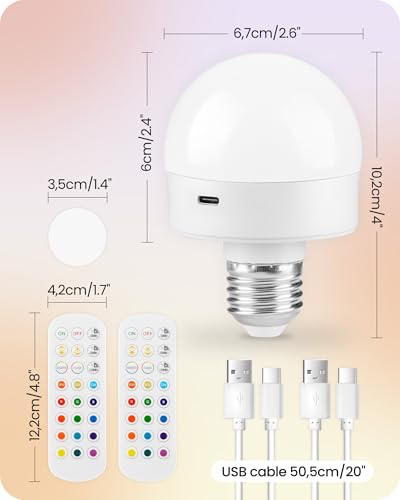 Rechargeable Light Bulbs with Remote Control, Battery Operated Light Bulbs, 3 Timer 15 Colors Selectable, Dimmable Wireless RGB LED Bulb for Wall Sconce, Non-Hardwired, 2 Pack, R01YBP206 - size: E26 Base - RGB