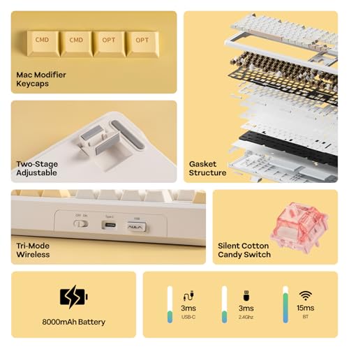EPOMAKER X Aula F108 PRO Wireless Gaming Keyboard with Screen, 8000mAh Battery, 104 Hot-Swappable and Programmable Keys and Knob, RGB Backlight, for Mac/PC/Android (Grey&Yellow) - color: Grey&Yellow