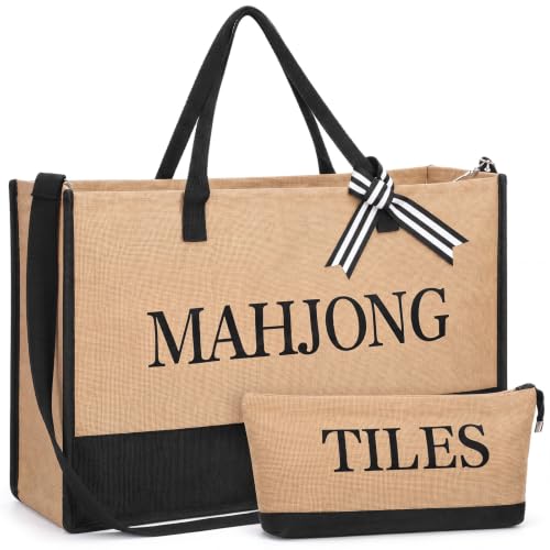 Aliceset 2 Pcs Empty Mahjong Bag for Tiles and Racks Mats Canvas Mahjong Themed Tote Bag and Zippered Pouch Mah Jong Gift Accessories Travel Mahj Storage Case Game Women Night Party Supplies