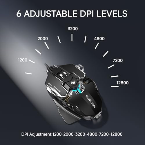 EWEADN G5 Wired Gaming Mouse with Adjustable Tail, 12800 DPI Programmable Computer Mouse with RGB Backlit, 9 Macro Buttons, Rapid Fire Key & Aluminum Base Ergonomic PC Mice for Laptop, PC-Black&White - color: Black