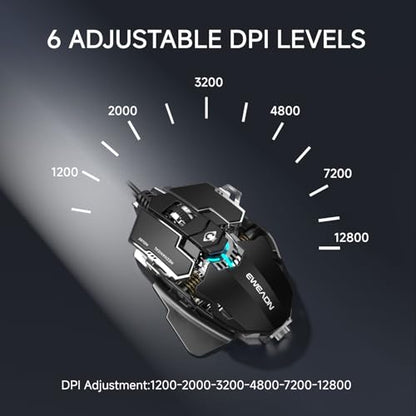 EWEADN G5 Wired Gaming Mouse with Adjustable Tail, 12800 DPI Programmable Computer Mouse with RGB Backlit, 9 Macro Buttons, Rapid Fire Key & Aluminum Base Ergonomic PC Mice for Laptop, PC-Black&White - color: Black