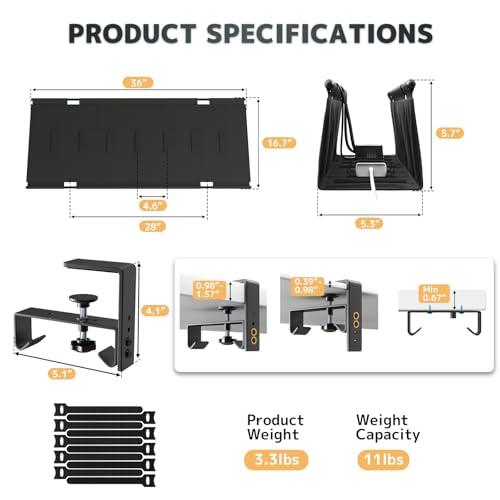 No Drill Under Desk Cable Management Tray - 36" Clamp/Screw Desk Cord Management, Premium Fabric Cable Racyway for Office & Home