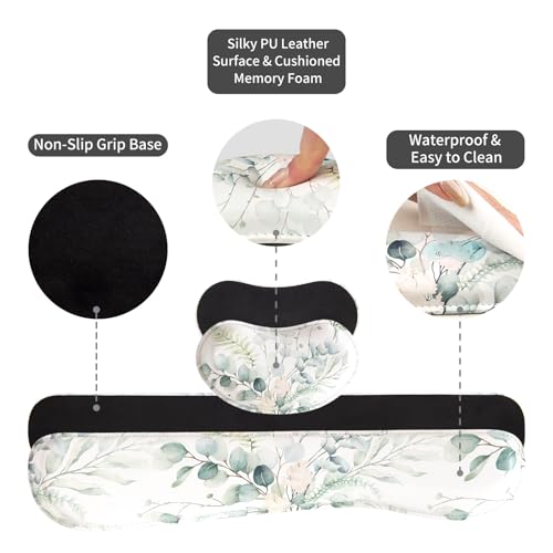 QIYI PU Leather Desk Mat Set, 4-in-1 Ergonomic Wrist Rest, Eucalyptus Leaf | Waterproof Large Mouse Pad 31.5×15.7 + Keyboard Wrist Rest + Mouse Wrist Support+Coaster, Non-Slip Office Gaming Accessories - color: Eucalyptus Leaf