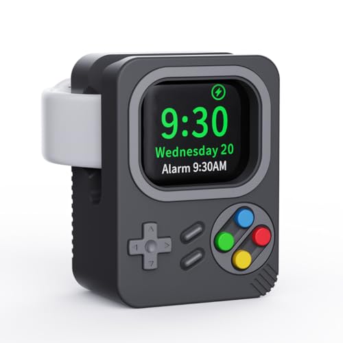 Retro Gaming iWatch Charger Stand for Ultra 2/SE/Series 10/9/8/7/6/5/4 | Stable Silicone Dock, Nostalgic Design, Nightstand Mode, Compact Charging Station (Sandstone Grey) - color: Sandstone Grey