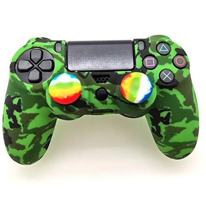 Silicone Skin Cover for Ps4 Controller (1pc Anti-Slip Case, 1 Pair L2 R2 Trigger Extender, 4pcs Thumb Grips,4pcs LED Light Bar Decal) Protector for DualShock PS4/ Slim/Pro Controller (Green camouflag) - color: Green camouflag