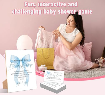 Blue Bow Measure the Baby Bump Game, Pack of 1 Wooden Tabletop Sign with Stand and 50 Guessing Cards, Blue Coquette Bow Baby Shower Game, Gender Reveal Party Decorations - HC02 - color: Measure the Baby Bump