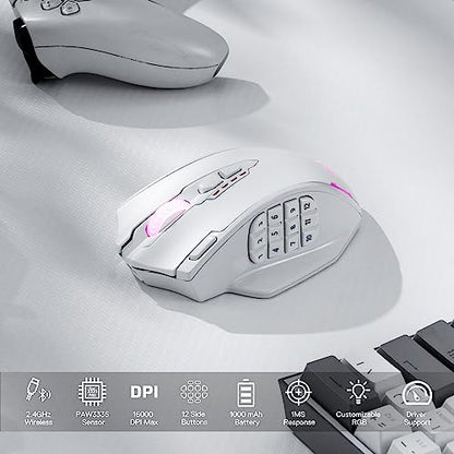 Redragon M913 Wireless RGB MMO Gaming Mouse 16000 DPI Remapping Keys | Cable-Free 0 Delay Dedicated for FPS Gamers, Redefine Keybinding Macro, Vibing Backlight, Ergonomic Grip Body Comfort - color: White, style: Wireless M913