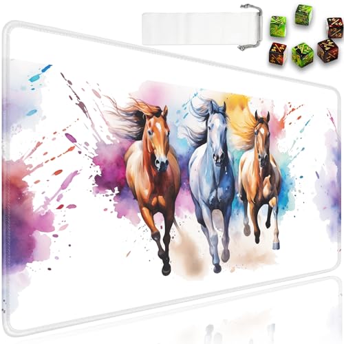 for MTG Playmat + Drawstring Travel Pouch + 6 Dice Counter, for Trading Card Game Playmats or Mouse Pad, Anti-Slip Rubber 24 x 14 in, Watercolor Horse Running for TCG Playmat (No with Zone) - color: JV-Playmat-5-1-A20
