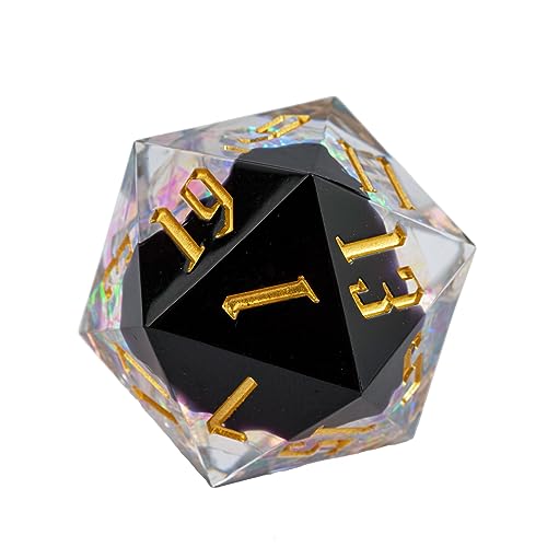 Cusdie Single D20 DND Dice with Sharp Edges and Glitter Foil Inclusions, 20 Sided D&D Dice, 33mm Handcrafted, for Role Playing Game (Black/T) - color: Black Transparent