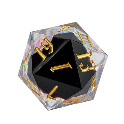 Cusdie Single D20 DND Dice with Sharp Edges and Glitter Foil Inclusions, 20 Sided D&D Dice, 33mm Handcrafted, for Role Playing Game (Black/T) - color: Black Transparent