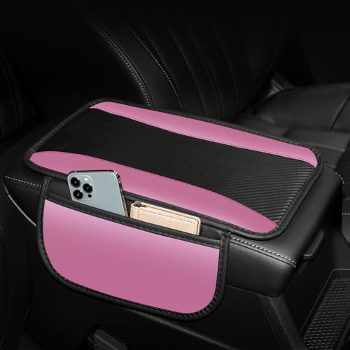 Hiseanllo Car Center Console Cover with Side Storage Pockets, Patchwork Leather Armrest Pad with Carbon Fiber Texture, Non-Slip Auto Armrest Cushion Protector for Most Cars, Vehicles, SUVs (Purple) - color: Purple