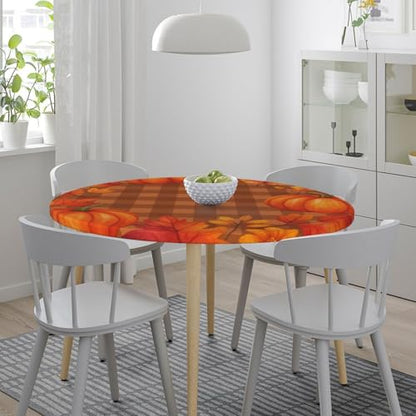 Famame Autumn Pumpkins Wreath on Plaid Round Fitted Tablecloth with Elastic Protector Table Kitchen Dinner Waterproof Oil-Proof Table Covers Fits 40"-44", Small - color: Autumn Pumpkins Wreath, size: Small (40"-44")