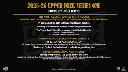 2025/26 Upper Deck Series 1 Hockey Trading Card Tin (Three Young Guns Rookie Cards Per Box)