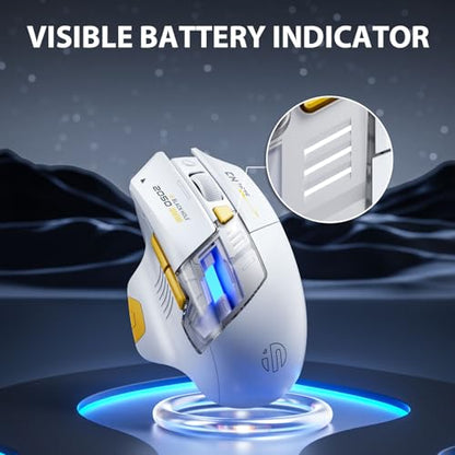INPHIC A9 Explorer Bluetooth Mouse, Dual-Mode Bluetooth 5.0/2.4G, 2400 DPI, Visible Battery Indicator, RGB Mouse for Laptop, White - color: White