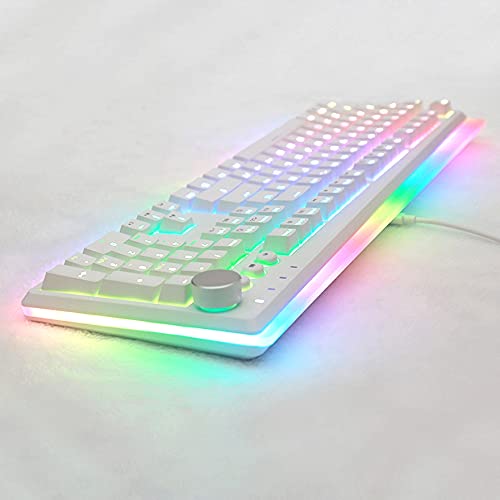 i-rocks K71M RGB Mechanical Gaming Keyboard with Media Control Knob, Switches (Brown), 107 Keys w/Full NKRO, PBT Keycaps, Multimedia Hotkeys, Detachable USB-C Cable and Onboard Storage, White - color: White, size: Switches (Brown)