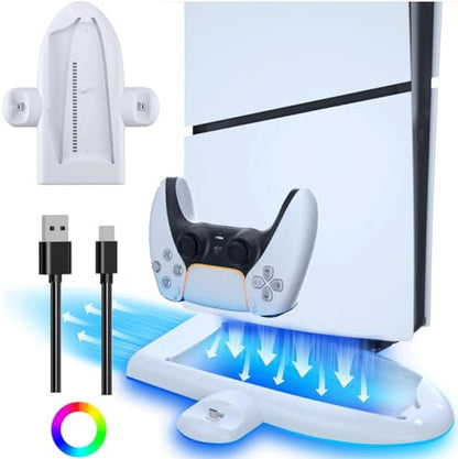 PS5 Slim Cooling Station with RGB LED Charging Dock - 3-Level Fan Cooling, Dual PS5 Controller Charger