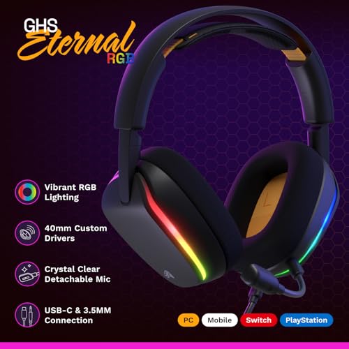 GLORIOUS GHS Eternal RGB - Stereo RGB Gaming Headset for PC, PS5, PS4, Switch - Custom Tuned Angled Drivers, Adjustable Crystal Clear Detachable Mic, USB-C - Durable, All Day/Night Comfort - Black - color: Black RGB