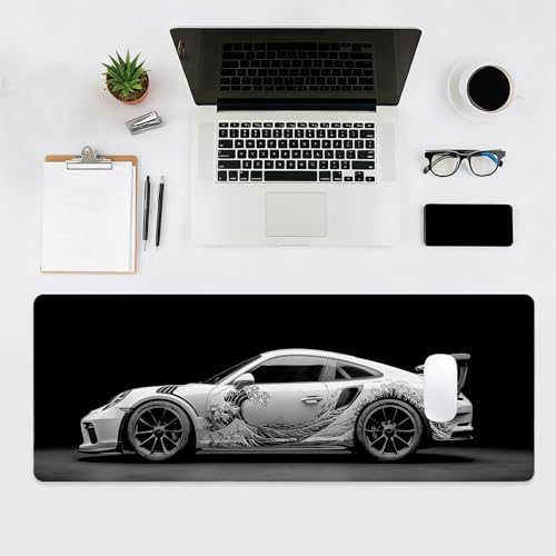 Sports Car Gaming Mouse Pad, Desk Mat, Large Mousepad with Stitched Edges Non-Slip Rubber Base, XL Extended Computer Keyboard Pad, Office&Home, 31.5x11.8in, Black Kanagawa Wave - color: Sports Car