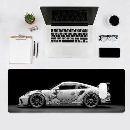 Sports Car Gaming Mouse Pad, Desk Mat, Large Mousepad with Stitched Edges Non-Slip Rubber Base, XL Extended Computer Keyboard Pad, Office&Home, 31.5x11.8in, Black Kanagawa Wave - color: Sports Car
