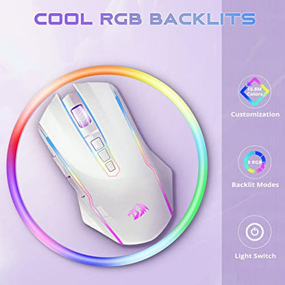 Redragon Wireless Gaming Mouse with RGB Backlit, 8000 DPI, with Fire Button, Macro Editing Programmable,70Hrs for Windows/Mac, Rechargeable, White, M910-WS - color: White, style: 2.4G/ Wired