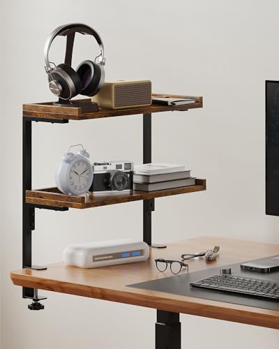 Clamp On Desk Shelf 2-Tier, 16.5 in Wood Shelving Unit for Office Desk/Gaming Accessories, Tabletop Book Storage Rack, Shelf for Top of Desk, Brown - color: 2-tier 16.5 Inches Brown