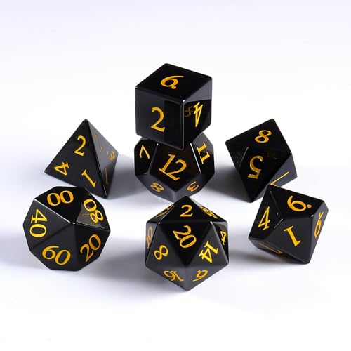 Natural Obsidian Dice Set, 7-Piece Hand-Carved Polyhedral Dice for Dungeons & Dragons (D&D), Pathfinder, Call of Cthulhu, Tabletop RPG Gaming, Collectible Gemstone Dice with Gold Numbering (Black) - color: Black