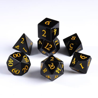 Natural Obsidian Dice Set, 7-Piece Hand-Carved Polyhedral Dice for Dungeons & Dragons (D&D), Pathfinder, Call of Cthulhu, Tabletop RPG Gaming, Collectible Gemstone Dice with Gold Numbering (Black) - color: Black