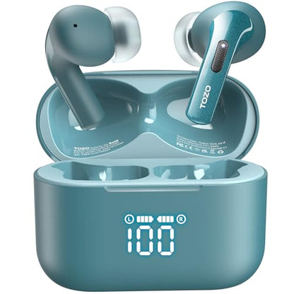 TOZO T20 Wireless Earbuds 97H Playtime, Wireless Charging LED Display Case | 10mm Deep Bass Sound, Dual Mic ENC Clear Calls, IPX8 Waterproof, Bluetooth 5.3, Comfortable Fit Ear Buds For Daily Use, Green - color: Green