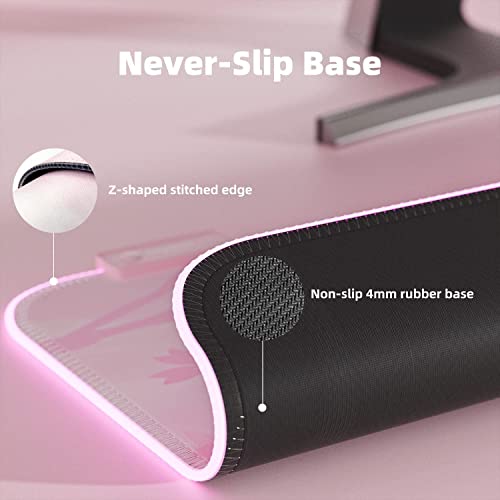 Pink RGB LED Gaming Mouse Pad, 14 Modes Glow Pad, Extra Large Gaming Mousepad,Waterproof Rubber Non Slip Cute Sakura Mat, Extended Big Keyboard and Mouse Pad Mat for Gamer Office Home, XXL 800×300×4mm