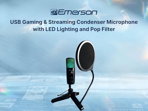 Emerson EAM-9052 USB Gaming & Streaming Condenser Microphone with LED Lighting and Pop Filter