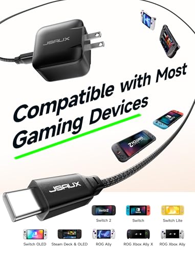 JSAUX 65W GaN USB C Charger for Nintendo Switch 2, Powers in TV Mode, with EU/UK Plug & 6.6FT Cable for ROG Xbox Ally, Steam Deck, ROG Ally, iPhone 17e/17, Galaxy S26, Tablet & Laptop – Black | Powers in TV Mode, GaN PD Fast Charge for ROG Xbox Ally, Stea