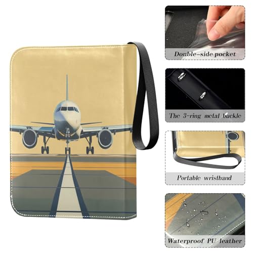 Airplane Airport Card Binder, 4 Pocket Trading Card Holder with 50 Removable Sleeves, Zipper Card Binder Fits 400 Cards, Collection Card Storage Case Album Book Gifts - color: Airplane