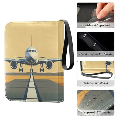 Airplane Airport Card Binder, 4 Pocket Trading Card Holder with 50 Removable Sleeves, Zipper Card Binder Fits 400 Cards, Collection Card Storage Case Album Book Gifts - color: Airplane