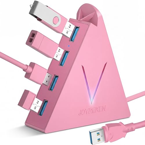 4-Port USB 3.0 Hub, FlyingVHUB Vertical Data USB Hub with 2 ft Extended Cable, for Mac, PC, Xbox One, PS4, PS5, iMac, Surface Pro, XPS, Laptop, Desktop, Flash Drive, Mobile HDD(Pink) - color: Pink-A