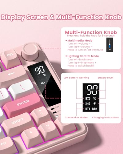 Womier DK75 75% Wireless Gaming Keyboard, RGB Backlit Creamy Keyboard with Media Knob, OLED Screen, Tri-Mode 2.4GHz/USB-C/BT5.0, Anti-Ghosting No-Conflict Silent Membrane Keyboard for MAC Windows - color: Pink