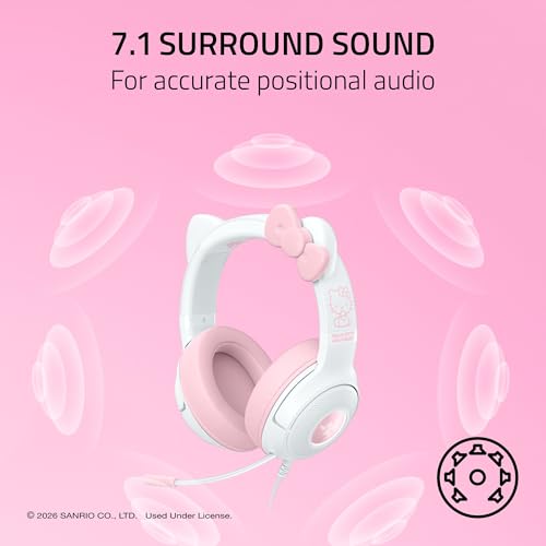 Razer Kraken Kitty V2 USB Wired Headset w/Kitty Ears, Hello Kitty Edition | Chroma RGB Stream Reactive Lighting, HyperClear Cardioid Mic, 7.1 Surround Sound, TriForce 40mm Drivers