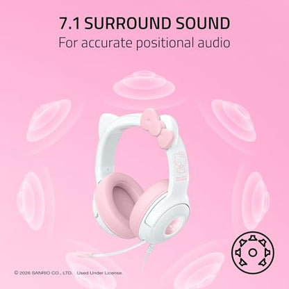 Razer Kraken Kitty V2 USB Wired Headset w/Kitty Ears, Hello Kitty Edition | Chroma RGB Stream Reactive Lighting, HyperClear Cardioid Mic, 7.1 Surround Sound, TriForce 40mm Drivers