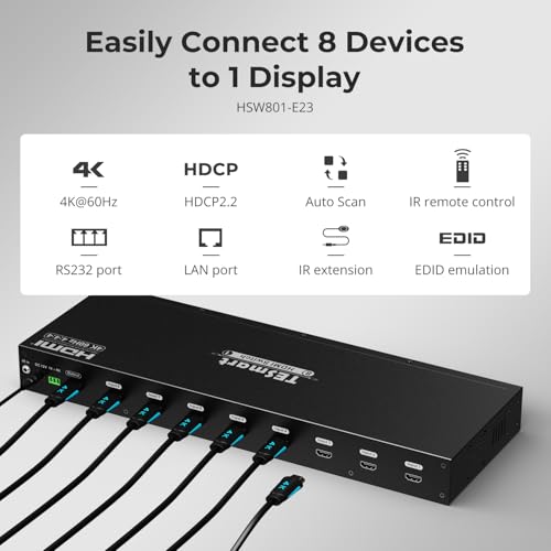TESmart 8×1 HDMI Switch 8 in 1 Out 4K @ 60Hz HDCP with 19-inch Rack-Ears | RS-232 / LAN Control | IR Remote Control and Auto Switch | Auto Scan Time Interval - Black - style: HDMI Switch 8 ports 4K@60Hz