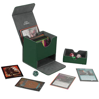 AEGIS GUARDIAN Card Deck Box with Dice Tray for MTG Cards, Commander Deck Box fit 150+ Sleeved Cards, PU Leather Card Storage Box Strong Magnet Deck Game Case for TCG CCG, Green - color: 5-2