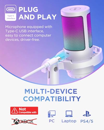 InnoGear USB Gaming Microphone for PC Boom Arm Condenser Mic Set, White | One-Touch Mute, Interruption-Free, Adjustable Boom Arm, Zero-Latency Monitoring, Work with Xbox, Changeable RGB Modes - color: White, style: 2-Axis Arm with Mic