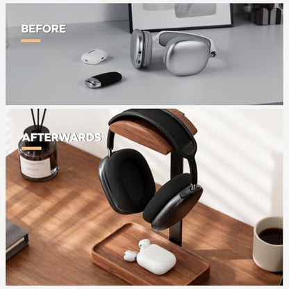muso wood Walnut Headphone Stand, Wood Headset Stand with Storage Base, Headphones Holder for Gaming, Office, and Home Desk - Compatible with AirPods Max, Bose, Razer (Black) - color: walnut wood