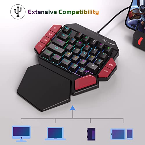 MageGee One Handed Professional Gaming Keyboard, RGB Backlit 35 Keys Mini Wired Mechanical Keyboard with Blue Switch for PC Gamer, Support 6 Macro Keys - Black/Red - color: Black/Blue Switch