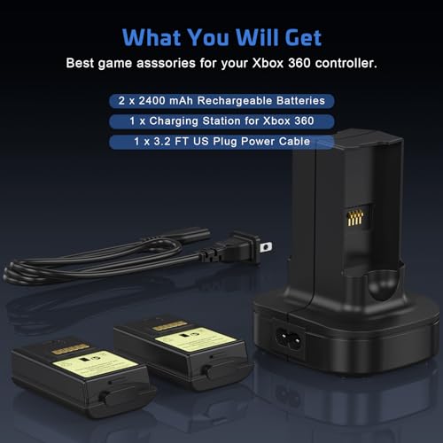KEKUCULL Rechargeable Battery for Xbox 360 Controller, Charger Dual Charging Station Dock with 2 Pack Rechargeable Battery Compatible with Xbox 360 - color: Black