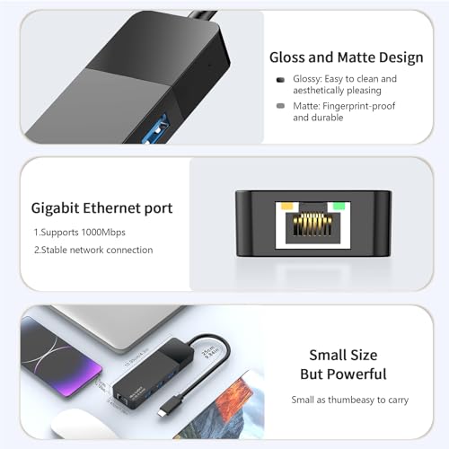 ALL-LUCKY USB to Ethernet Adapter, 4 in 1 USB C to Ethernet Adapter Hub with 3×USB 3.0 Ports, 1000Mbps Network HUB for MacBook, Dell XPS, Surface, HP Laptops (for USB-C Phones & iPad) - size: 0.9FT -USB C to Ethernet Adapte
