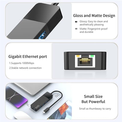 ALL-LUCKY USB to Ethernet Adapter, 4 in 1 USB C to Ethernet Adapter Hub with 3×USB 3.0 Ports, 1000Mbps Network HUB for MacBook, Dell XPS, Surface, HP Laptops (for USB-C Phones & iPad) - size: 0.9FT -USB C to Ethernet Adapte
