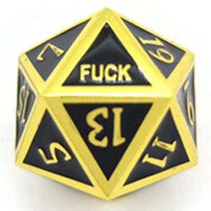 Metal D20 F Dice Critical Fail F 20 Sided Die Set DND Number Role Playing Game Dungeons and Dragons D&D Black Silver Red Blue Rainbow Gold Copper Purple Green Pink White (Single Dice, Black and Gold) - color: Black and Gold, style: Single Dice